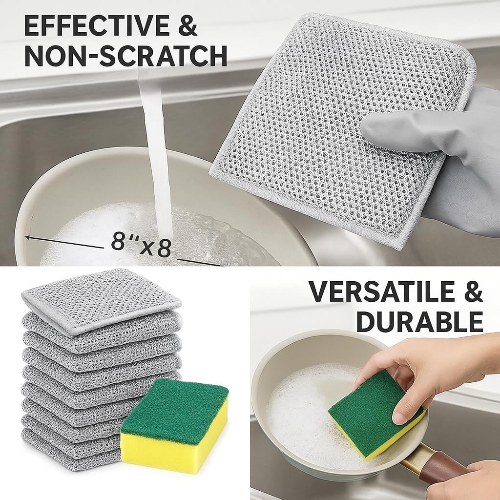 12 Pcs Multipurpose Wire Dishwashing Rag, Non-Scratch Wire Dish Cleaning Cloths for Wet and Dry, Reusable 3 Layer Steel Scrubber for Kitchen, Powerful Dishcloth Cloth for Cookware, Dish, Stove 8"x8" image 4