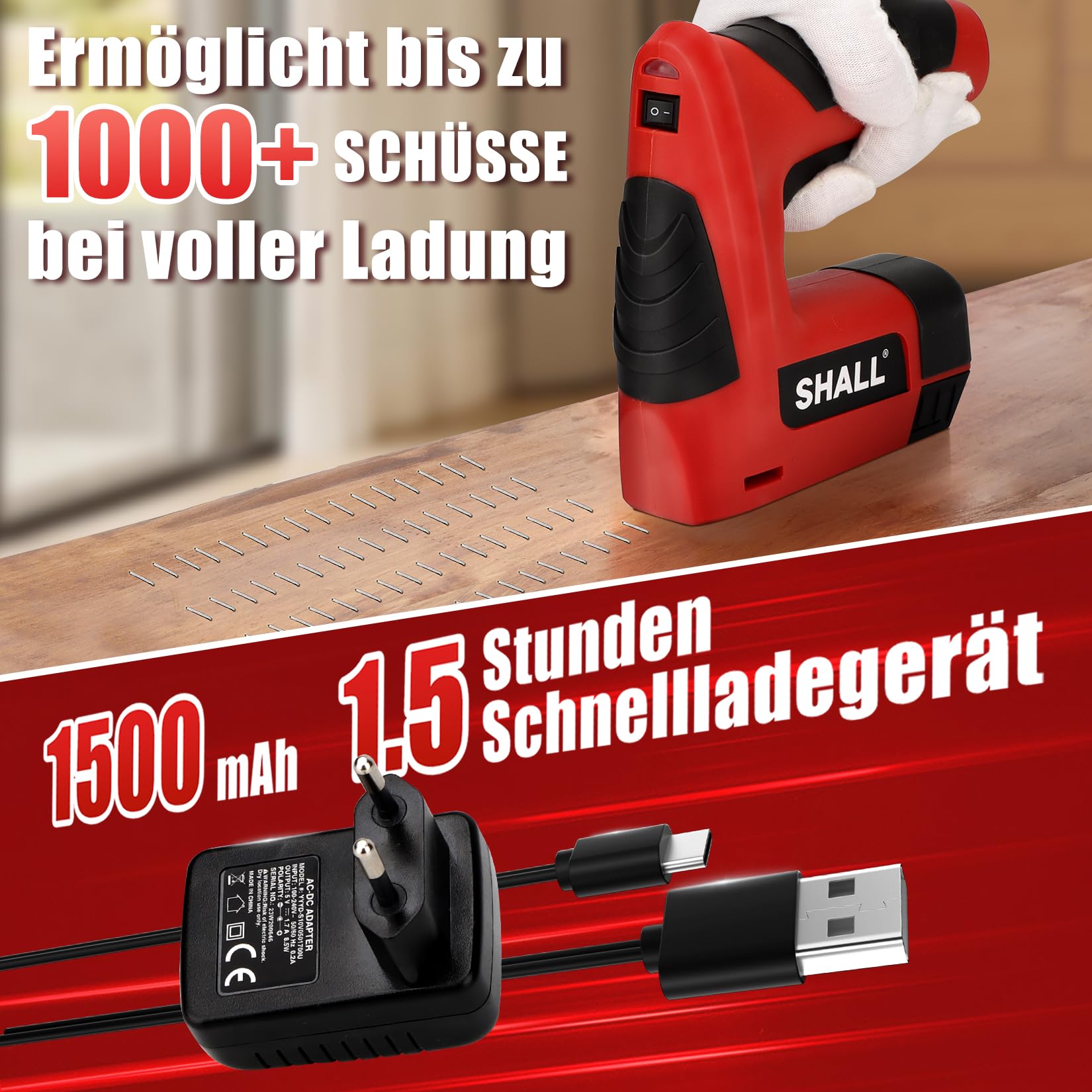 SHALL Agrafeuse électrique 3 en 1, agrafeuse sans fil pour tapisserie d'ameublement avec 2500 agrafes, dégrafeuse et chargeur rapide pour travaux manuels, bricolage, décoration