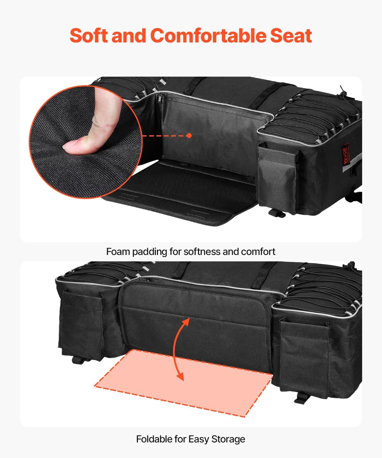VEVOR 60L ATV Rear Storage Bag, 600D Oxford Cloth ATV Cargo Storage Bag with Backrest & Waterproof Cover, Back Seat Gear Bags Fit Most ATVs with Rear Rack - Compatible with ATVs, UTV, Can-Am Vehicles