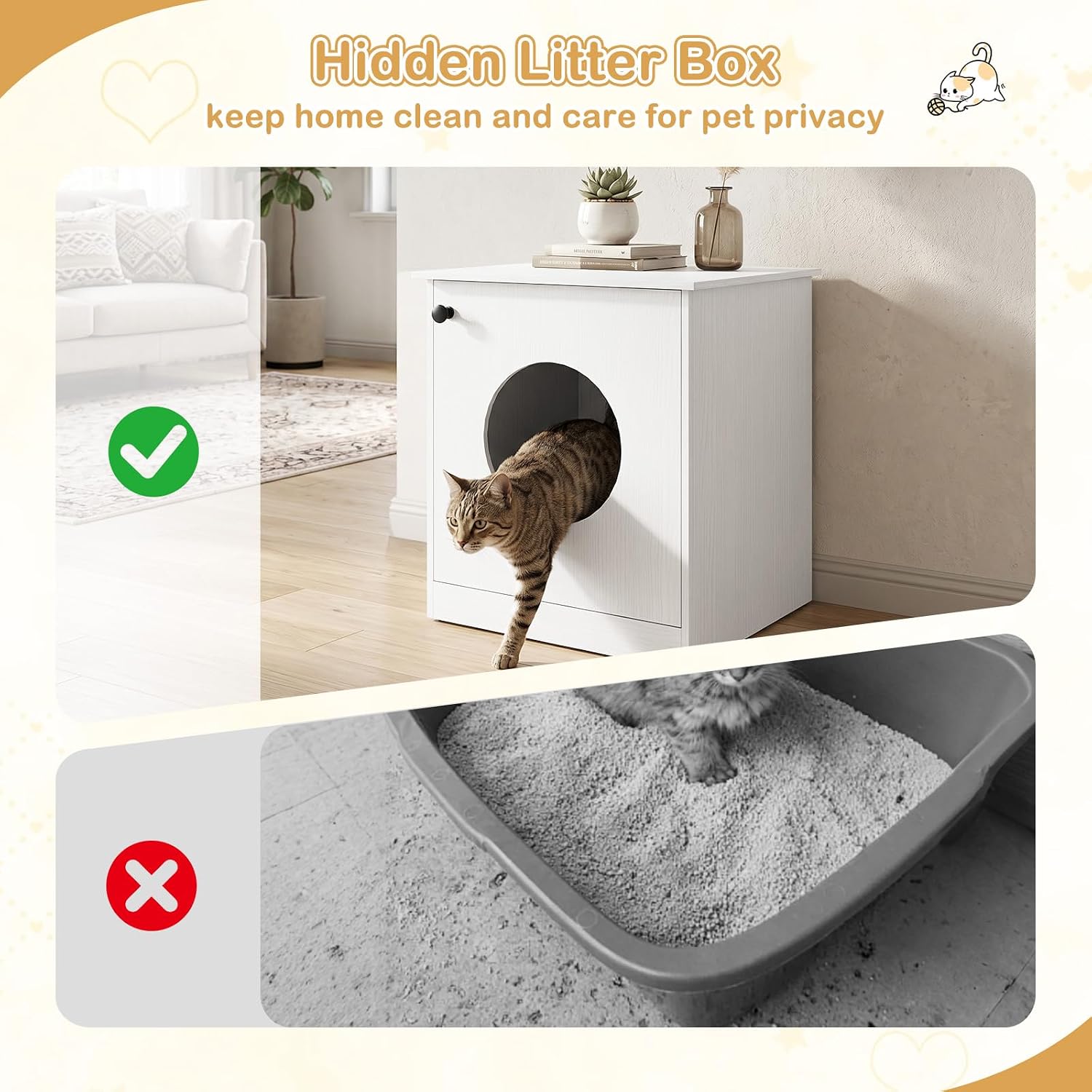 Tangkula Litter Box Enclosure, 22 Inch Modern Hidden Cat Litter Box Furniture with Front Entry Door, Multifunctional Wooden Cat Washroom, Indoor Cat House Side Table (Wood-Grain White)