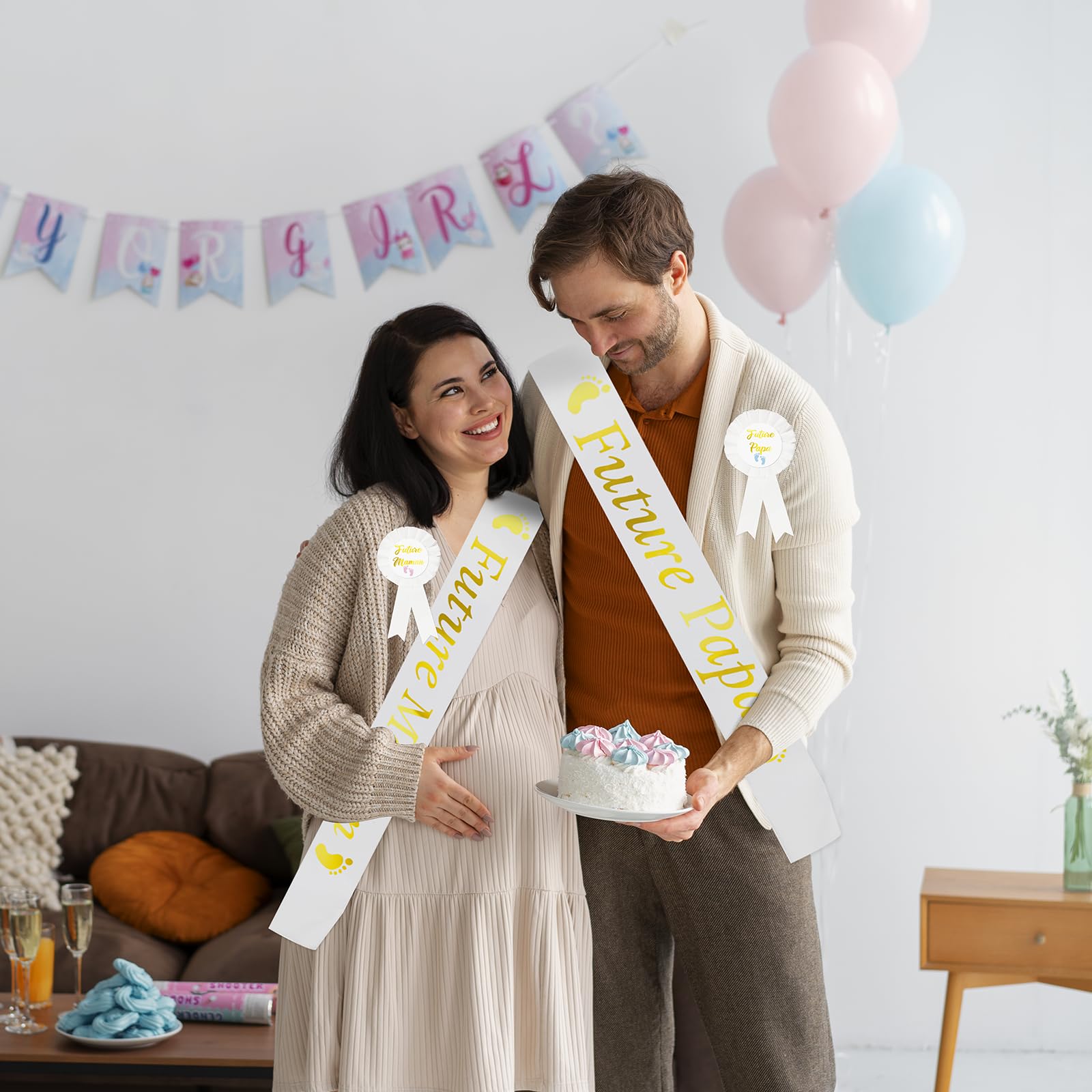 Écharpe Future Maman et Papa+ Épingle Future Maman et Papa, Écharpe Blanches Future Maman Futur Papa Decoration Baby Shower pour Baptême Fête Prénatale Naissance, Cadeau pour Futur Papa Maman