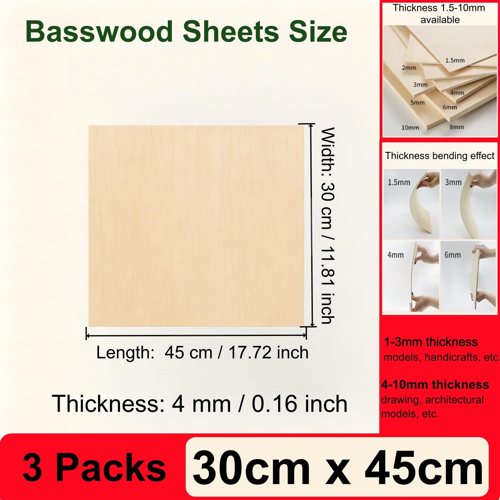 Arkusze lipowe 4 mm Niedokończone Wiele rozmiarów 3 szt. Do majsterkowania(30x45cm3PCS)