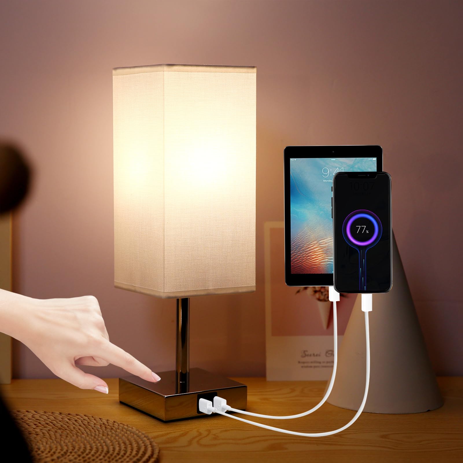 Jemora 2 Paquetes de lámpara de mesita de Noche de Tela con Bombilla LED Blanca cálida, luz de Escritorio, Control táctil, Puertos de Carga USB A Tipo C, 3 Niveles Regulables para Sala de Estar,