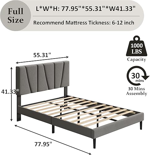 Miniatura 11 de Base de cama tamaño King con cabecera tapizada de tela, cama plataforma con soporte de listones de madera, base de colchón completa, somier