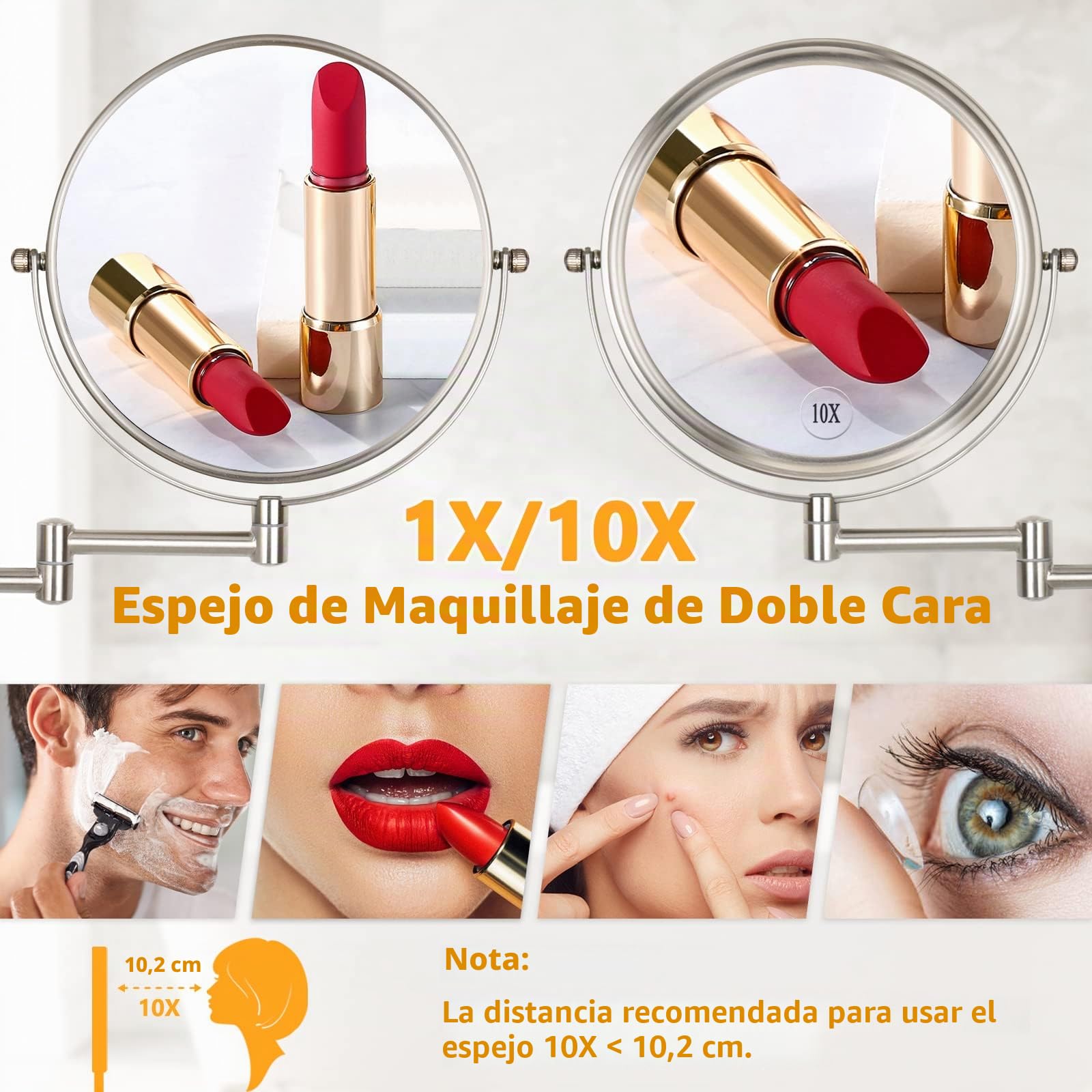 Espejo de maquillaje montado en la pared – 10x aumentos de 20,3 cm, giratorio de dos caras, extensible, acabado de níquel