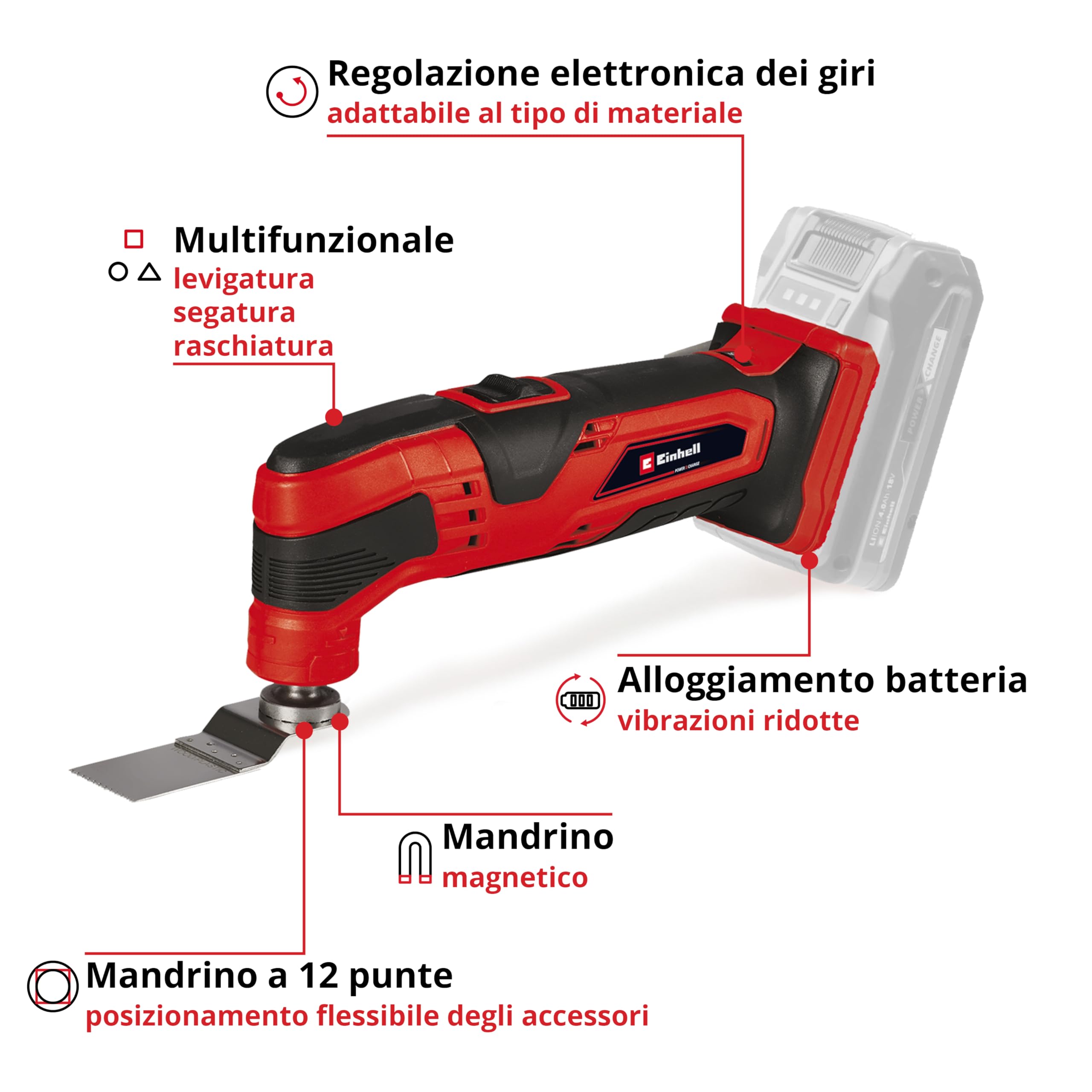 Einhell Utensile multifunzione a batteria TC-MG 18 Li-Solo Power X-Change (oscillazioni al min. 22.000-40.000, senza batteria e caricabatteria)