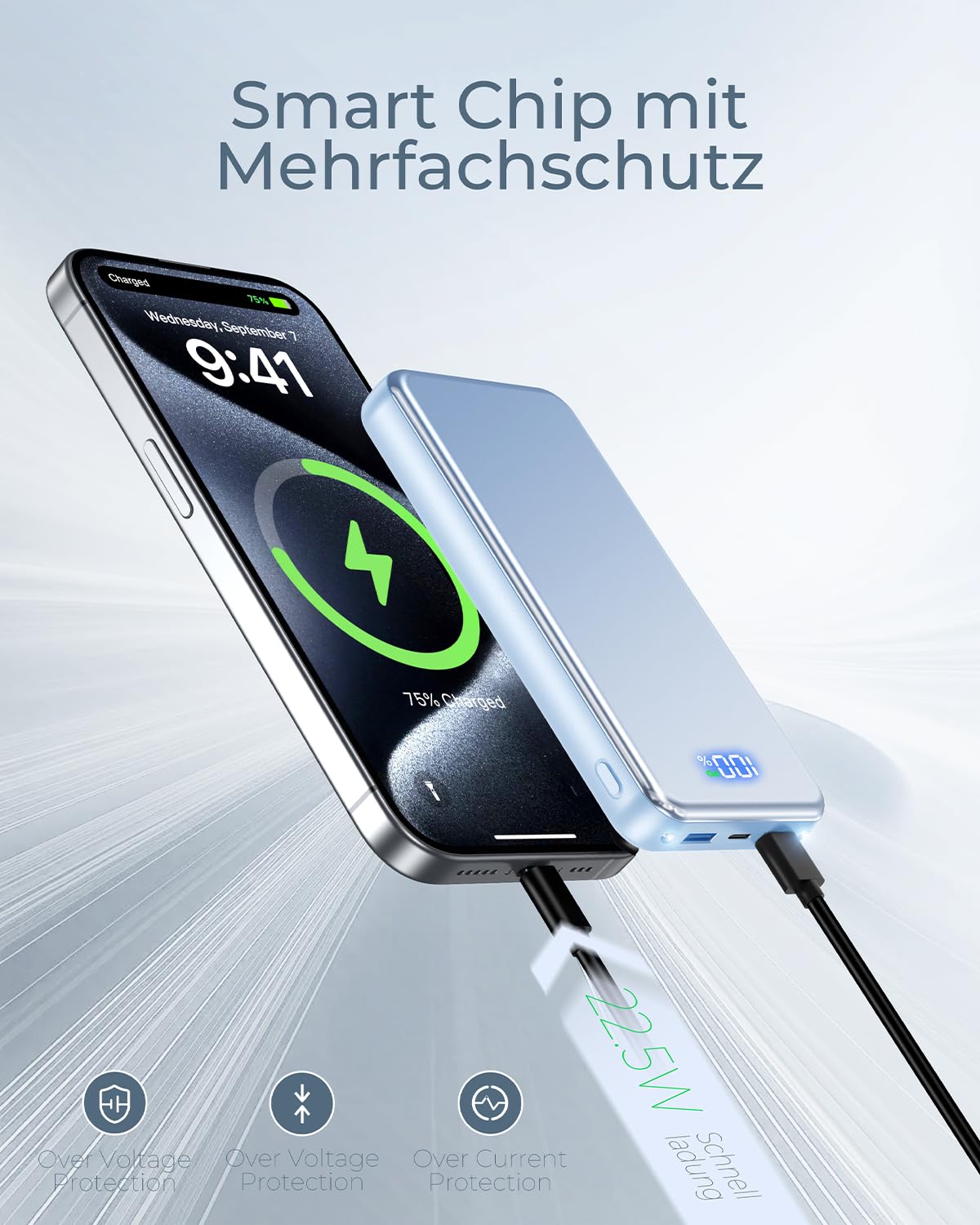 Power Bank, 30% Größere Kapazität 26800mAh Powerbank, mit 3-in-1 Kabel,Blau