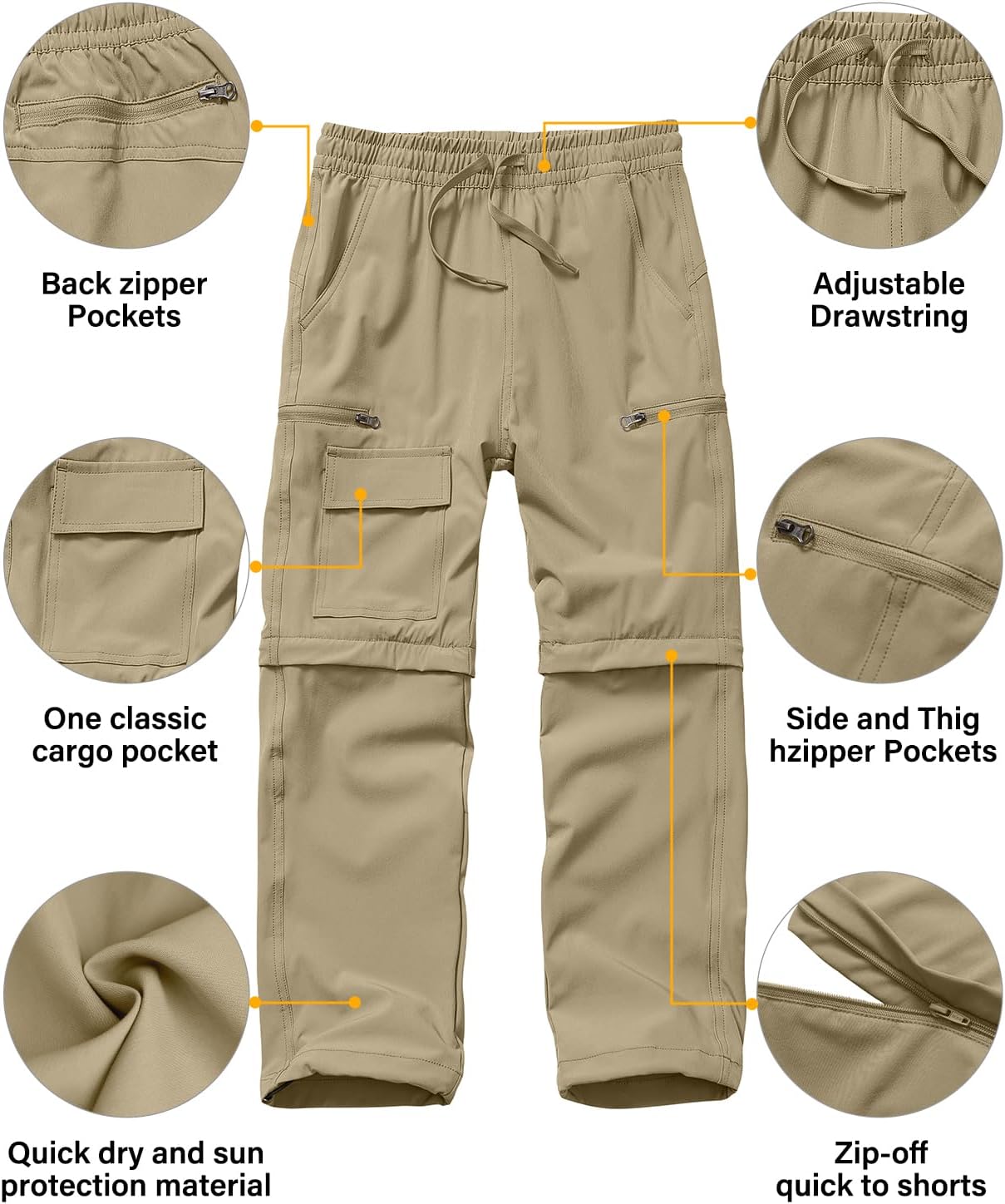 Boys Kids Hiking Cargo Pants, Youth Outdoor Quick Dry UPF 50 Lightweight Waterproof Safari Convertible Zip Off Pants - Image 3