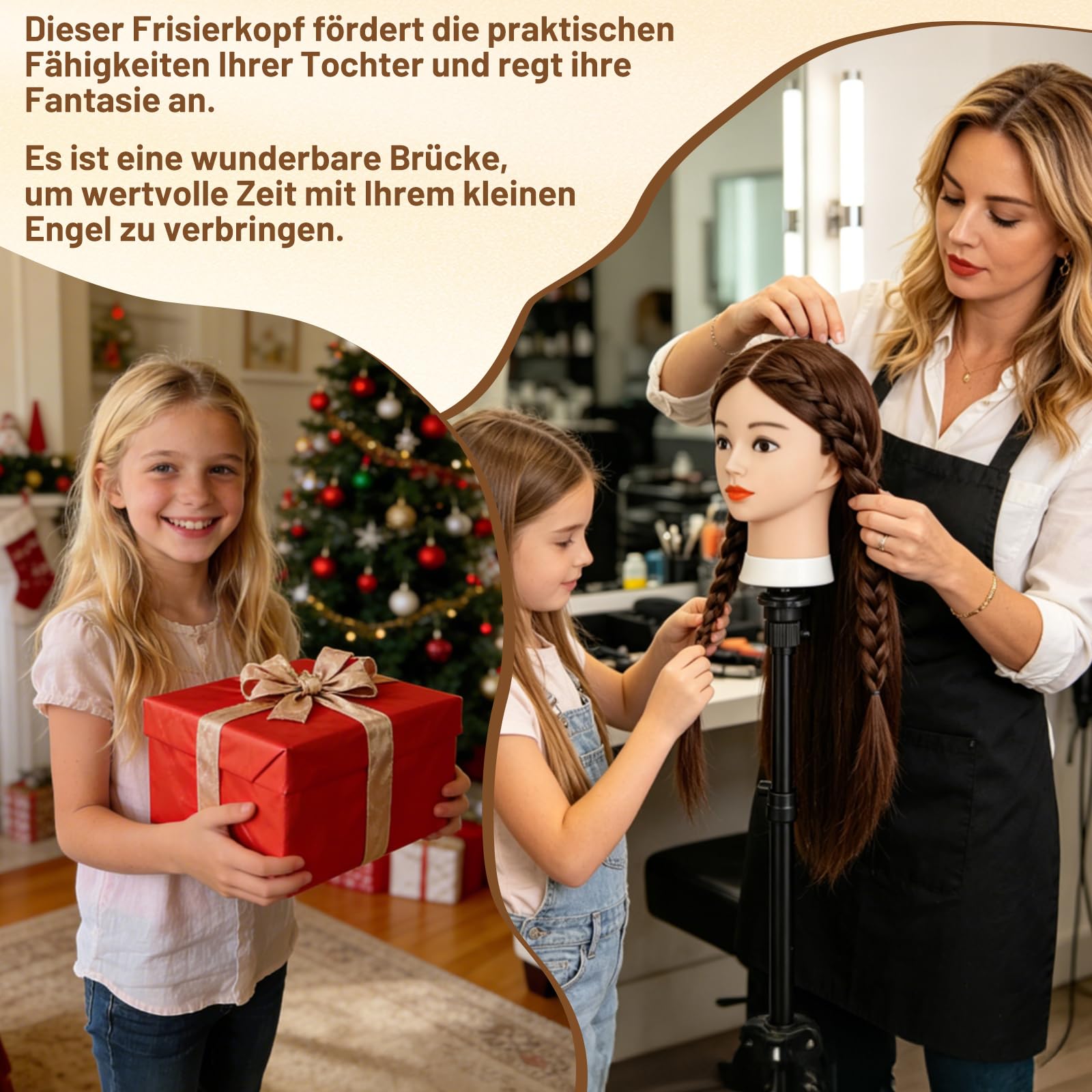 TwoWin Friseurkopf mit Haaren 26 Zoll 66 cm 80% Echthaar Mannequin Kopf Trainingskopf für Styling Friseurpraxis Dunkel Braun