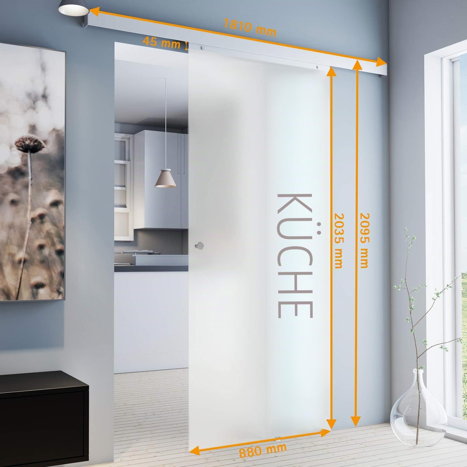 inova Glas-Schiebetür Komplettset 880x2035mm KITCHEN 8mm Zimmertür Schiebetürbeschlag mit Alu Laufschiene Griffknopf + beidseitigem Softclose