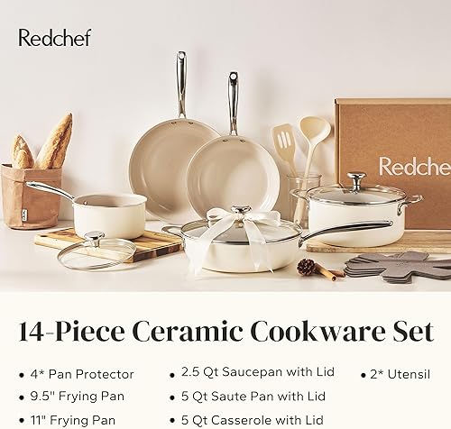 Miniatura 8 de Redchef Ceramic Nonstick Cookware Set,14pcs Pots and Pans Set Non Stick,Induction Cookware with Stainless Steel Handle,Non Toxic Kitchen Cooking