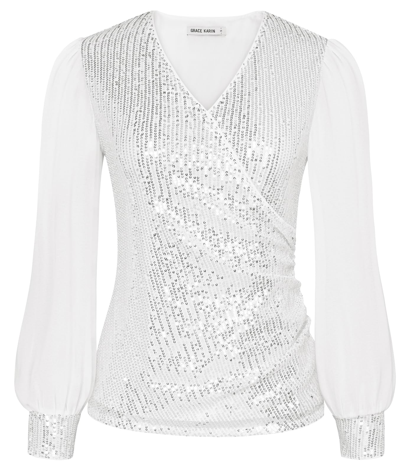 GRACE KARIN Femme Haut de Soirée à Paillettes Col V Manches Longues en Mousseline Pullover