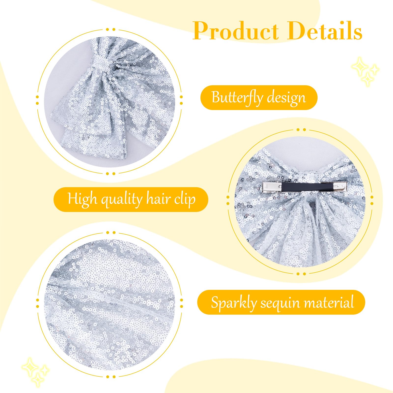 Eternal Beauty Sequin Bow Hair Clip Big Hairpin French Solid Color Barrette Soft air Bowknot Accessories for Women Girls 2Pcs (Silver and Black) - Image 3