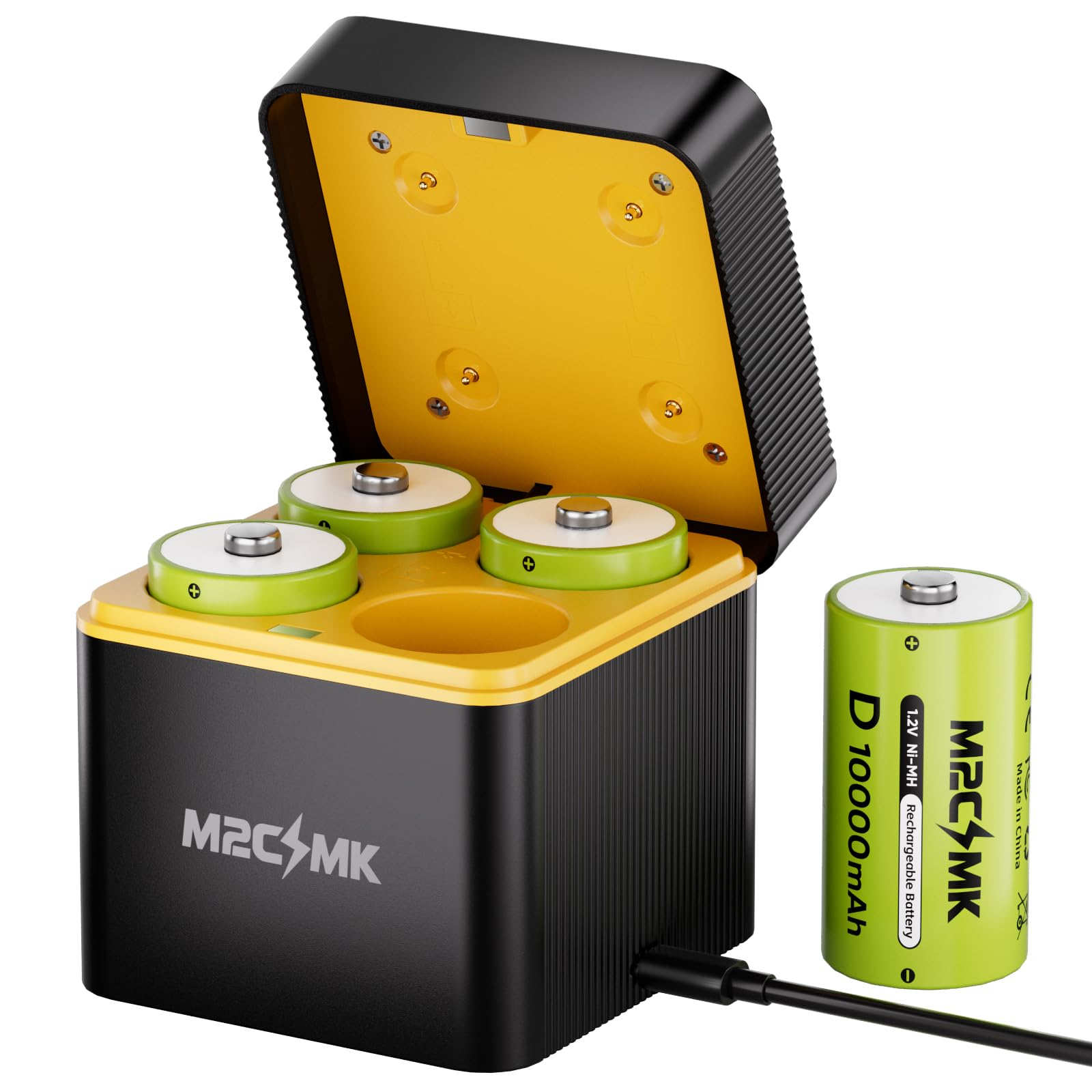 Paquete de 4 baterías recargables NiMH D de 10000 mAh con cargador | Baterías D recargables con cargador LED inteligente de 4 ranuras, entrada USB tipo C