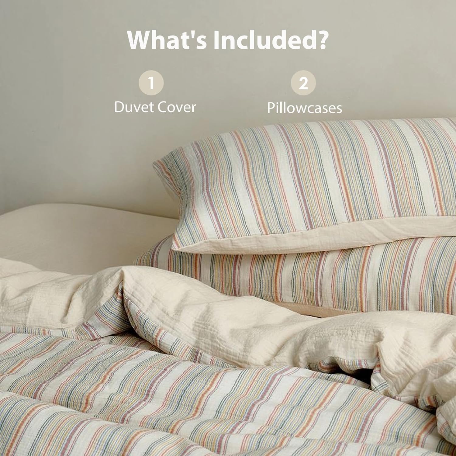 100% Cotton Muslin Duvet Cover King Size, Ultra Soft Breathable & Skin-Friendly Cotton Gauze for Hot Sleepers, Pastel Striped Pattern with Zipper Closure and Corner Ties (Beige, 104"x90")