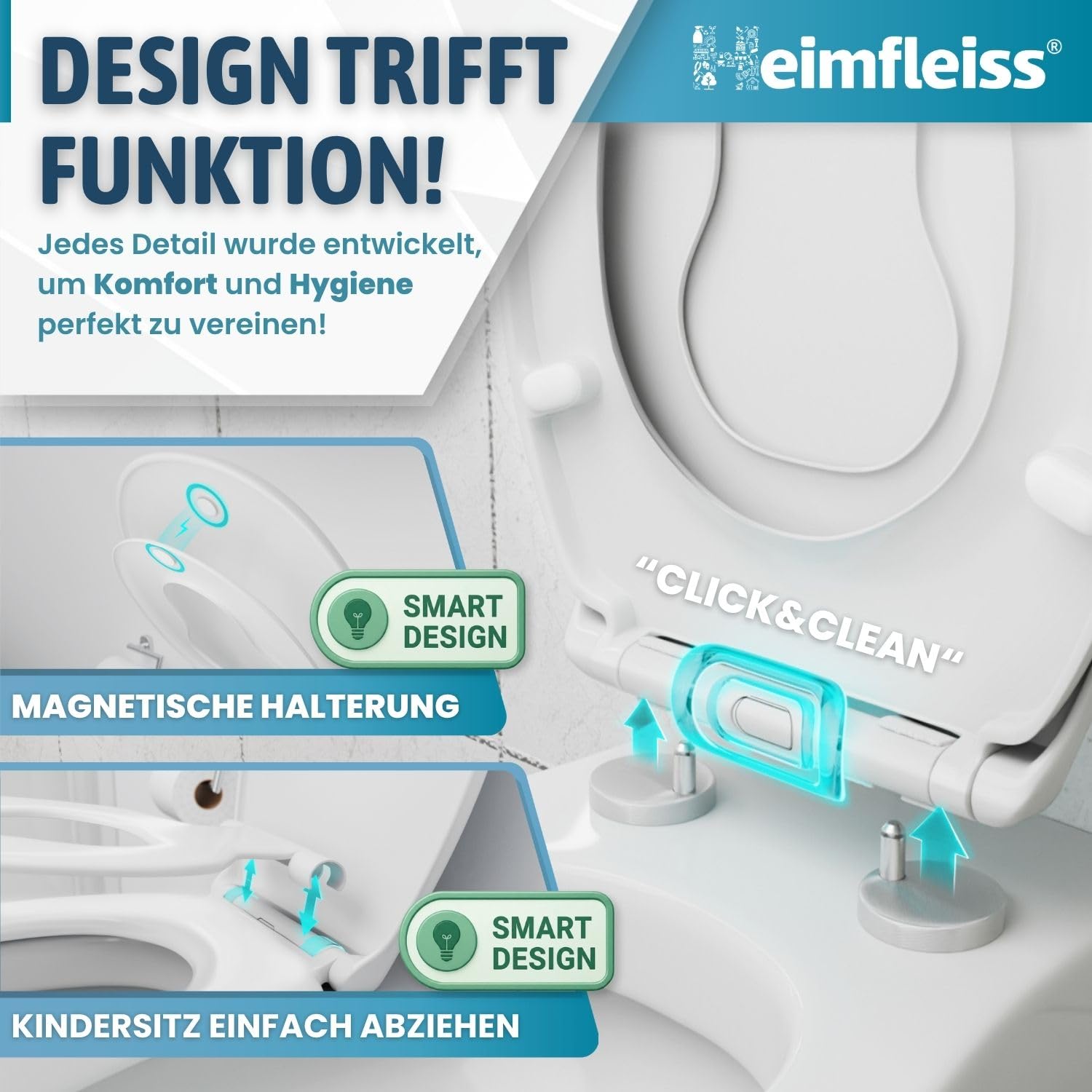 Heimfleiss® Toilettendeckel mit Kindersitz inkl. KINDERSICHERUNG | Antibakterieller Duroplast Klodeckel mit Kindereinsatz | Familien Toilettensitz mit Absenkautomatik | Kinder Klobrille mit Kindersitz