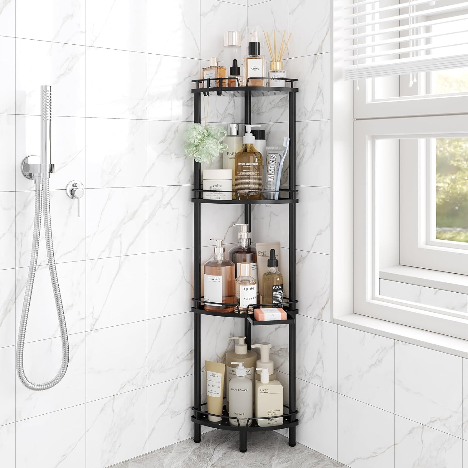 ELYKEN Corner Shower Caddy Standing, 4 Tier Rustproof Metal Shower Organizer with Soap Holder, Floor Corner Shelf Rack Storage Stands with Adjustable Feet & 2 Hooks for Bathroom, Black
