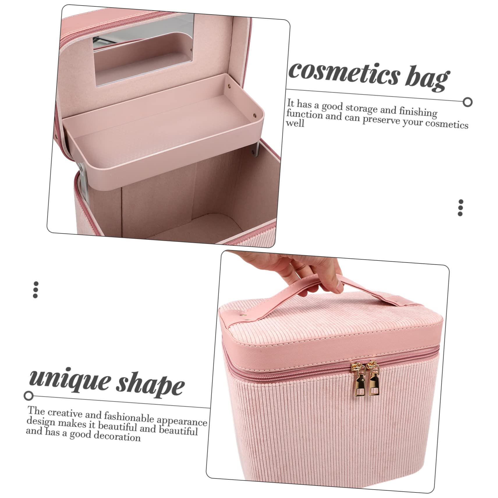 Mikinona Tragbarer Kulturbeutel Hartschale mit Spiegel Zweilagige Kosmetikaufbewahrungstasche aus Corduroy für Damen als Make Up Kasten und Reise Make Up Tasche