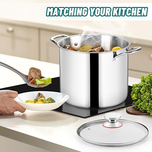 Miniatura 7 de TeamFar Olla de 10 cuartos de galón, olla grande de acero inoxidable de tres capas para sopa de pasta con tapa de vidrio, para gas de inducción,