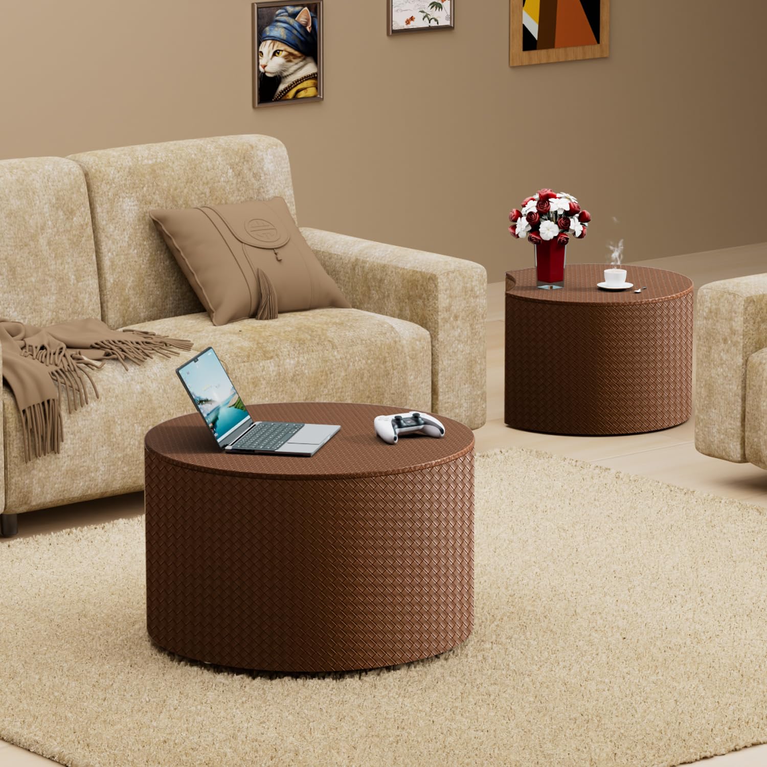 Set di 2 Tavolini Sovrapponibili per Spazi Ridotti, Brown with storage | Tavolini Rotondi con Finitura in Pelle e Vano Contenitore - Struttura in Legno – Tavolini Laterali a Tamburo Ideali