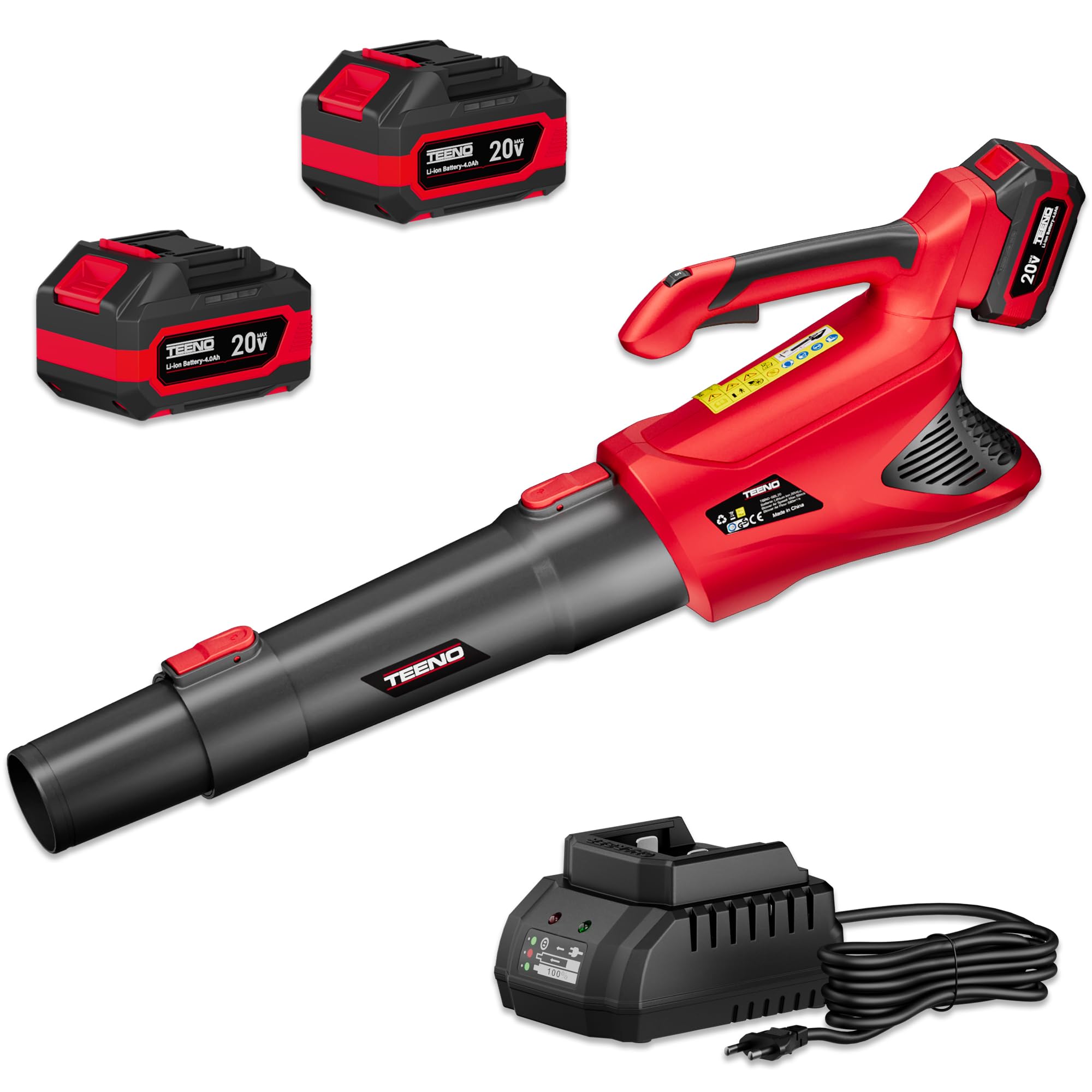 TEENO Soplador de Hojas 20V, Soplador de Hojas Electrico 2 * 4.0Ah Batería, 5 velocidades, Velocidad de 50m/s, Soplador de Hojas Eléctrico para el Cuidado del Césped, Soplar Hojas y Polvo