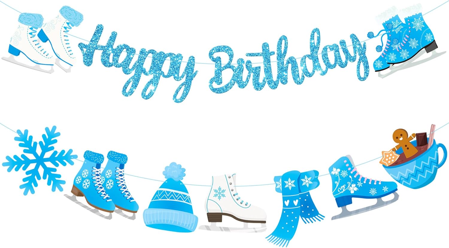 Ice Skating Happy Birthday Banner Ice Skating Birthday Party Supplies Light Blue Glitter Snowflake Banner for Winter Wonderland Decorations Girls Winter Party Supplies