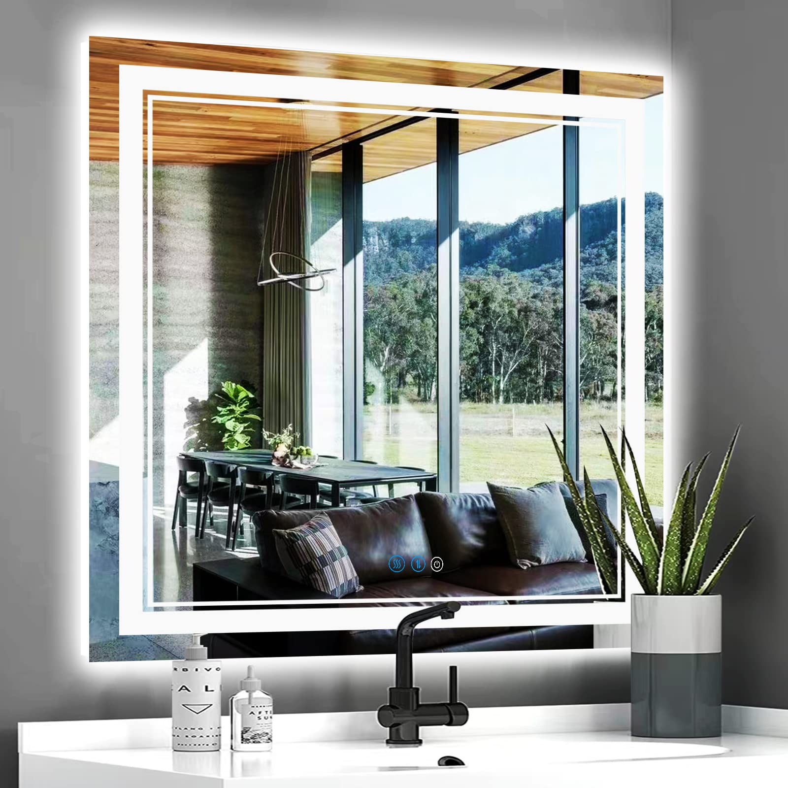 Miroir de salle de bain carré à DEL 91,4 cm suspendu haut de gamme