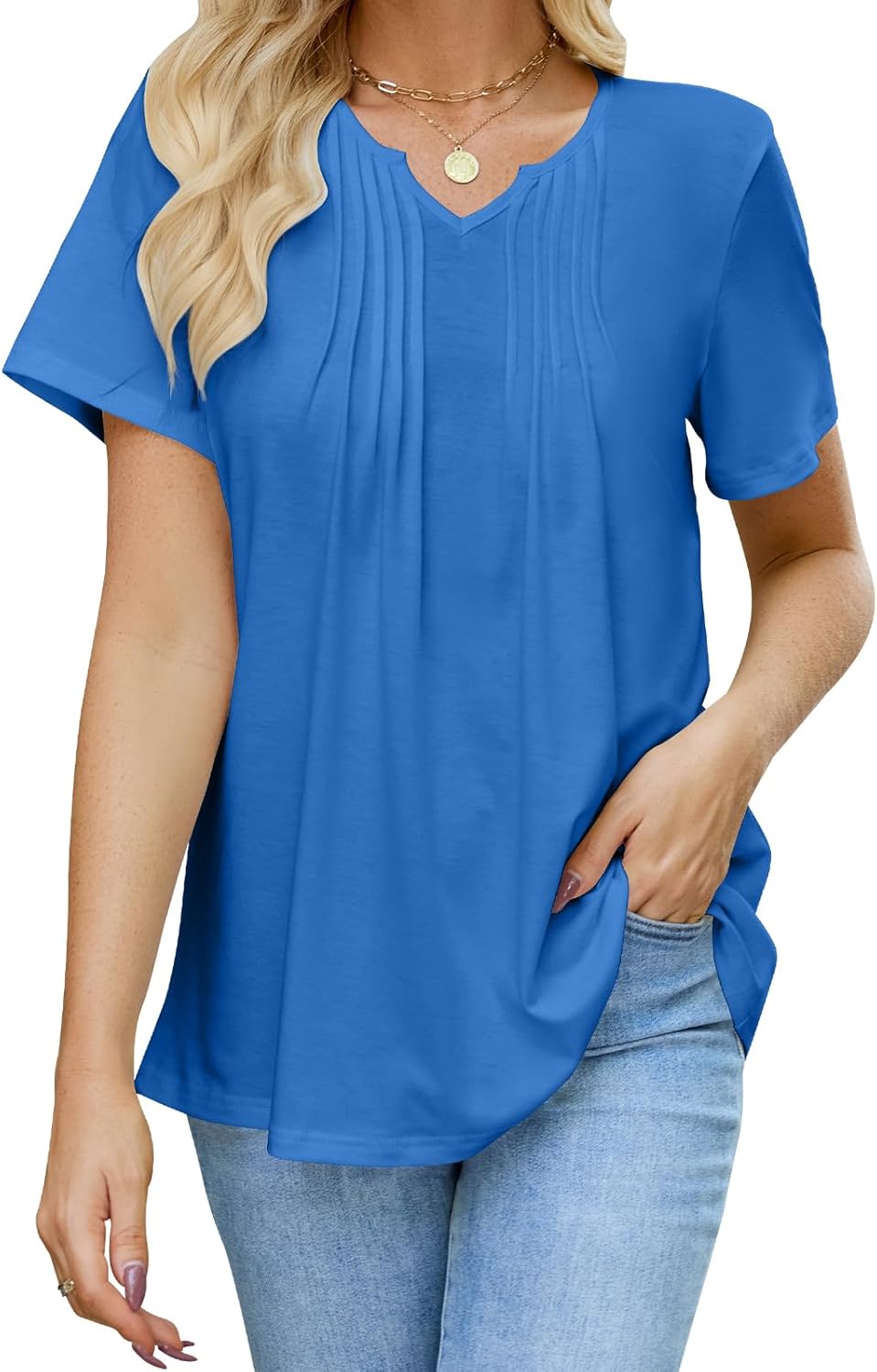 Womens T Shirts Short Sleeve Pleated Dressy Tunic Casual V Neck Summer Tops Blouses Beach Vacation Clothes