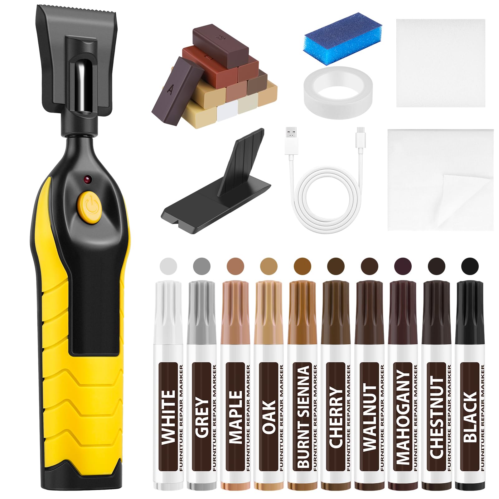 POFIBO Kit Reparation Parquet - Kit de Réparation pour Surfaces en Stratifié avec Cire Dure et Rechargeable USB Fondeur de Cire pour Meubles en Vinyle PVC, Parquet, Bois, Rayures, Fissures, Trous