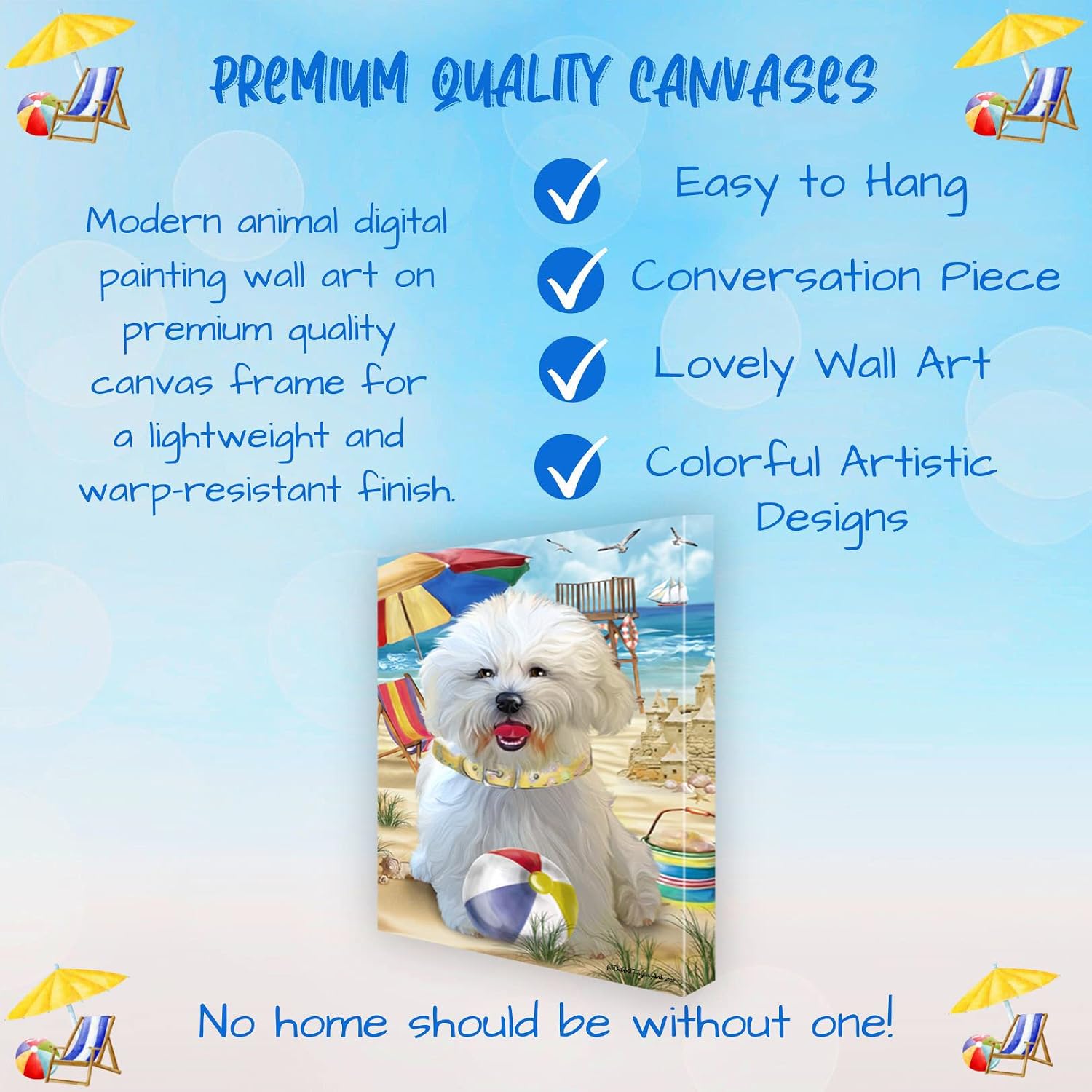 Pet Beach with Bichon Frise Dogs Canvas Wall Art - Premium Quality Ready to Hang Room Decor - White Floating Framed 24" x 36"
