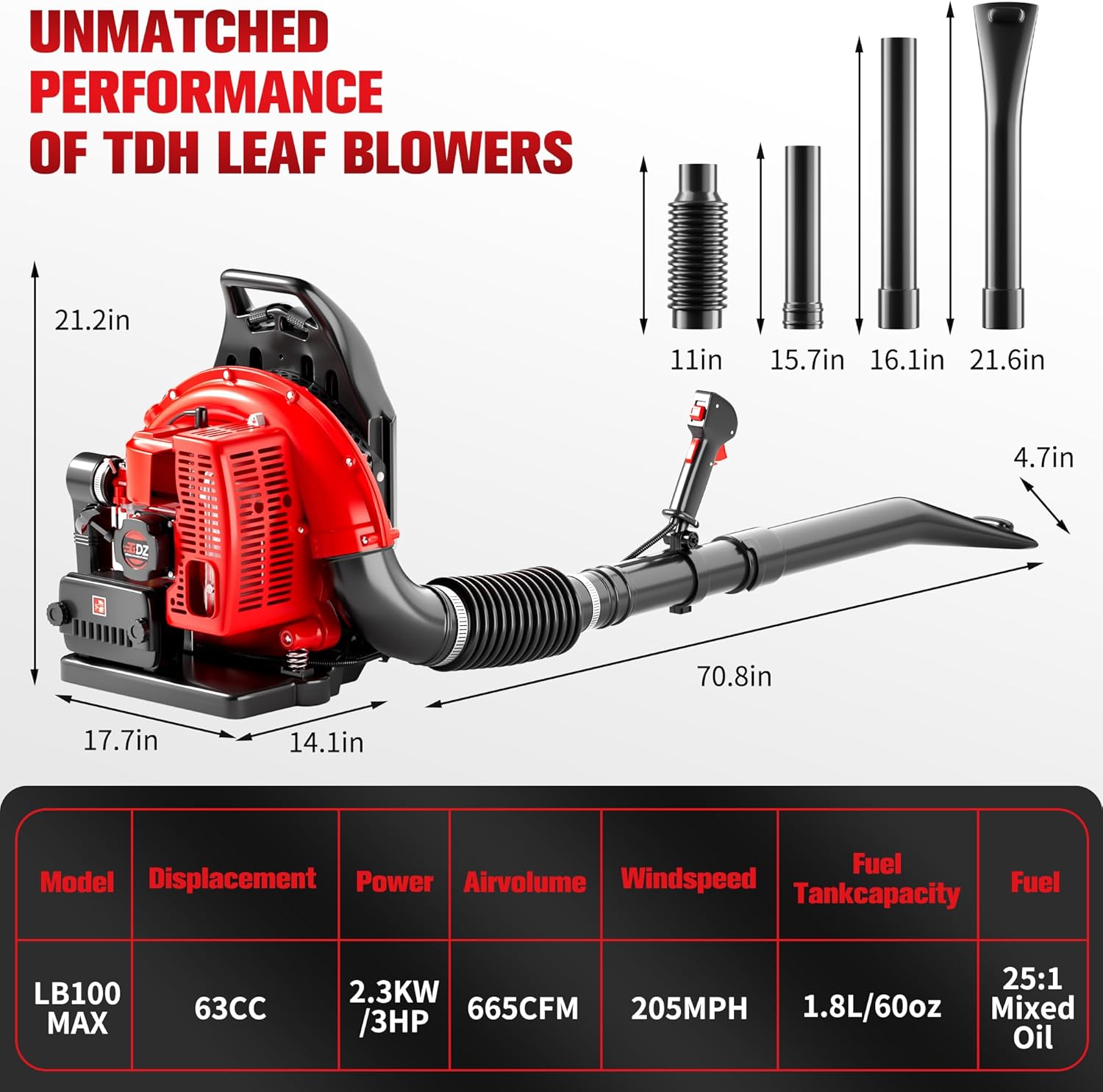 TDH Gas Backpack Leaf Blower, 2-Stroke Handheld Snow Blower with 665 CFM & 205 MPH High Power for Commercial Lawn Care, Yard Debris & Snow Removal,Red