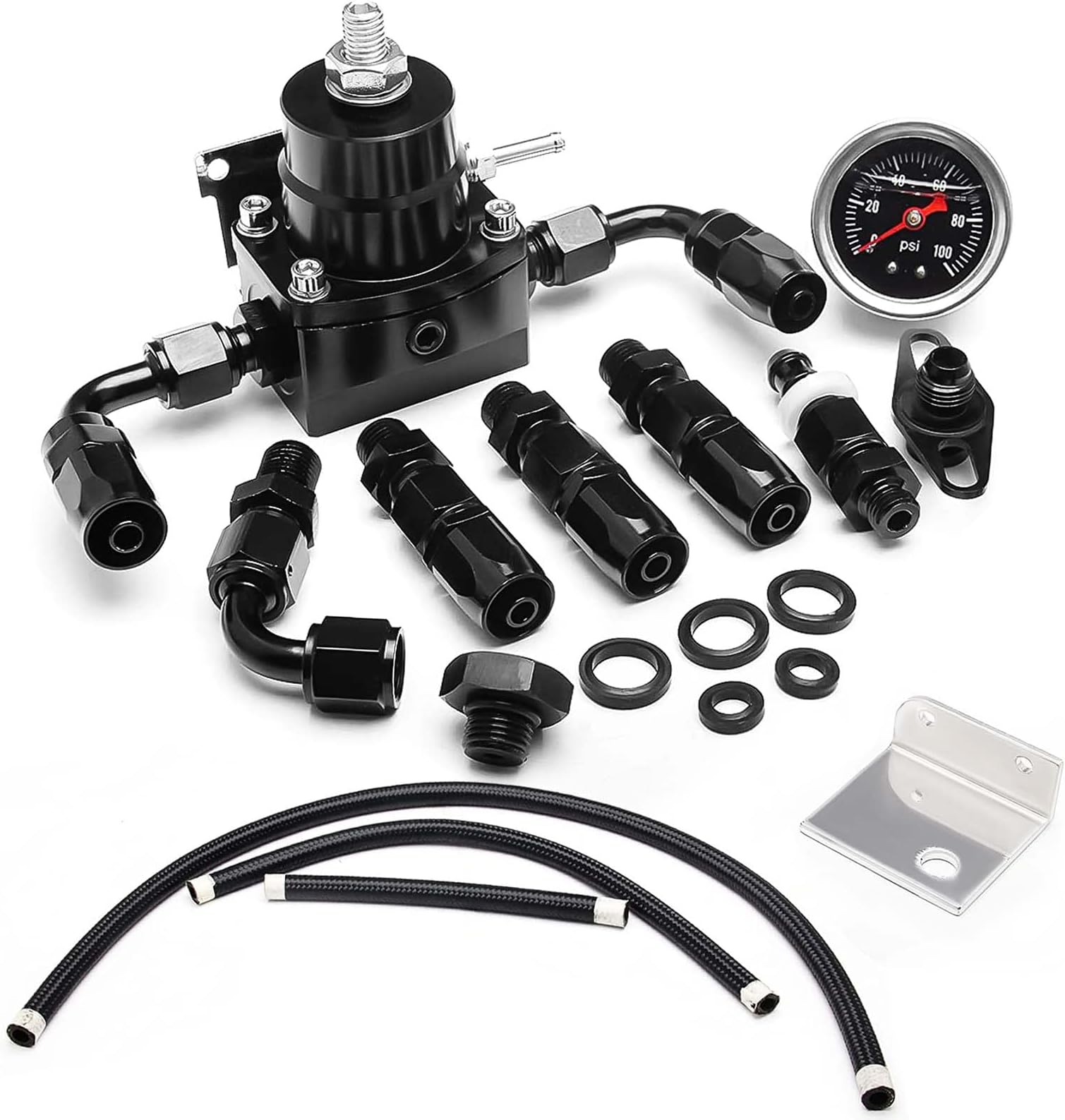 EFI Fuel Pressure Regulator Kit with Bypass Return 0-100psi Pressure Gauge AN6-6AN Fuel Line Hose Fitting Connectors Kit Adjustable Universal Aluminum Black & Black