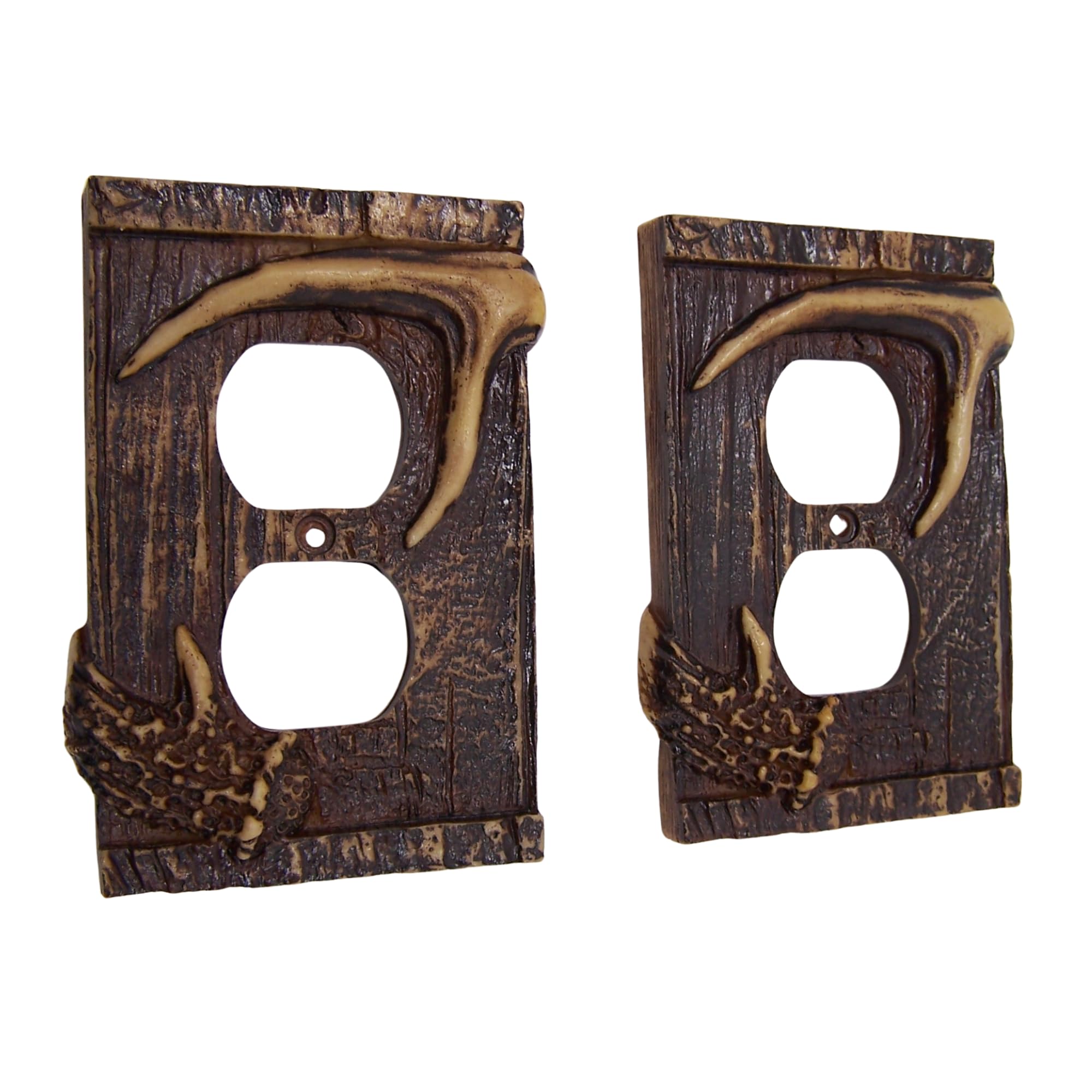 Deer Antler Double Duplex Outlet Cover Wall Plate, Rustic Cabin Lodge Decor, Woodland Wildlife Electrical Outlet Cover, Decorative Resin Wall Plate, Includes Mounting Screws, Pack of 2