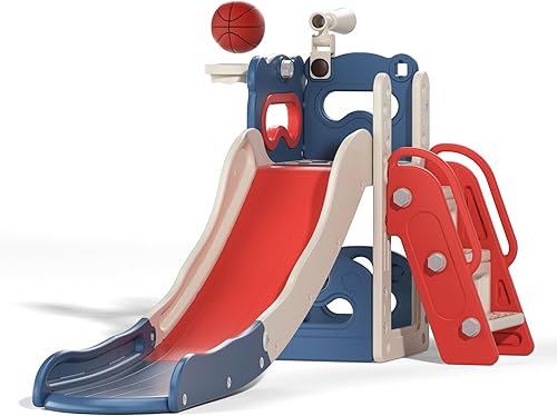 Miniatura 4 de Juego de tobogán y escalador independiente 5 en 1 para niños de 2 a 8 años, parque infantil desmontable con aro de baloncesto, telescopio, pelota y