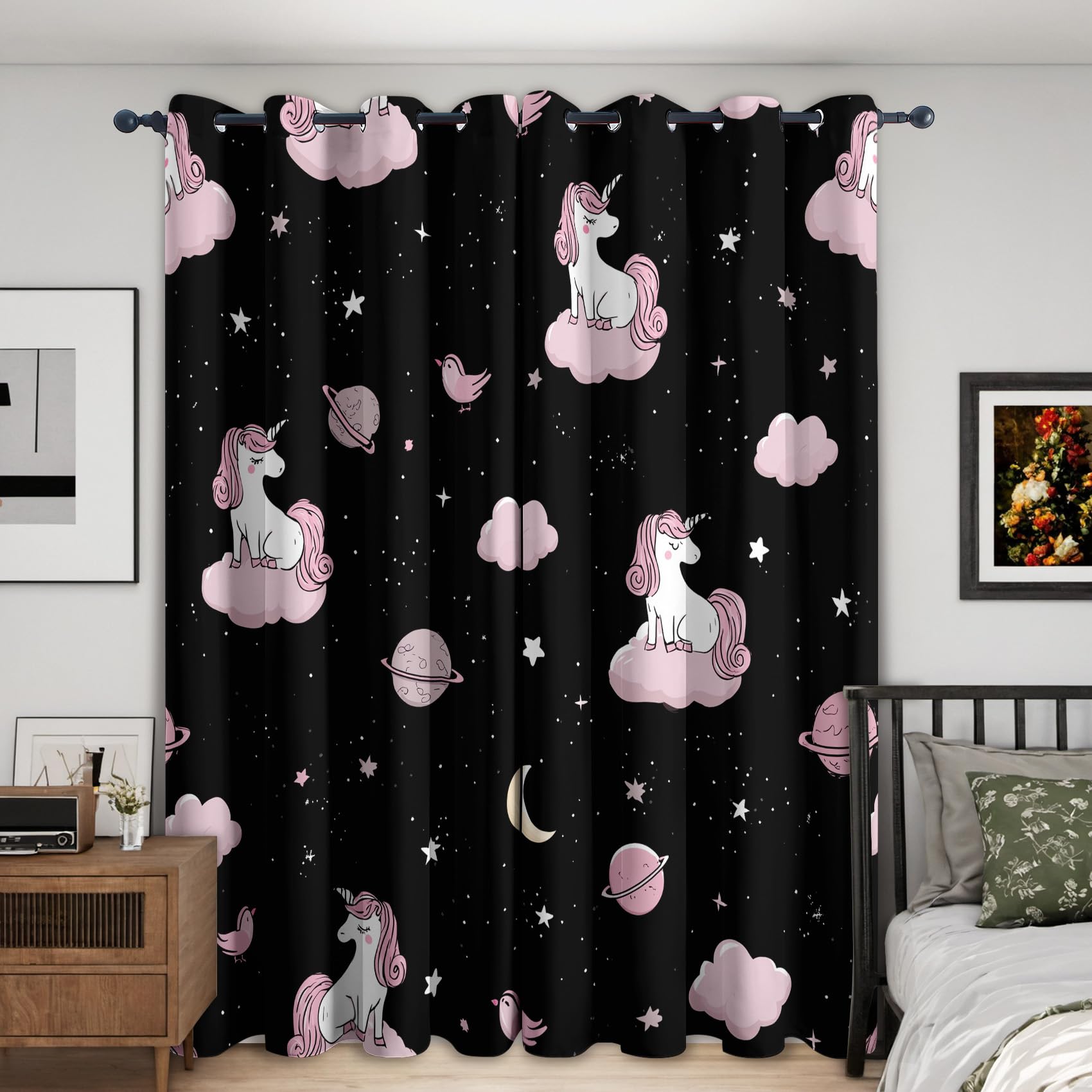 Rideau Occultant Licorne, Rideaux Motif Nuage Enfant Fille, Rideau Thermique Isolant Draperies Intérieurs à Oeillets pour Chambre Salon Fenetre, Lot de 2, 140x180 cm D135