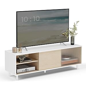 VASAGLE Montaje Ultrarrápido sin Herramientas Toolless, Mueble TV para Televisores de hasta 60 Pulgadas, para Salón, Vidrio Ranurado, Moderno, 140 x 39 x 45 cm, Blanco Nube y Beige Natural LTV466W01