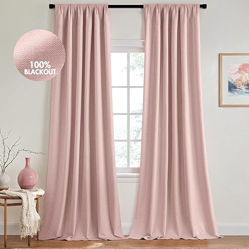 MIULEE 100% Blackout Curtains 96 Inch Long 2 Panels for Bedroom, Thick Faux Linen Black Out Curtain Room Darkening Back Tab Pleat Floor to Ceiling Window Drapes with Hooks for Living Room, Baby Pink