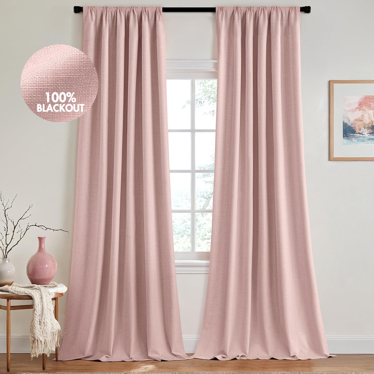 MIULEE 100% Blackout Curtains 90 Inch Long 2 Panels for Bedroom, Thick Luxury Faux Linen Black Out Curtain Room Darkening Back Tab Pleat Window