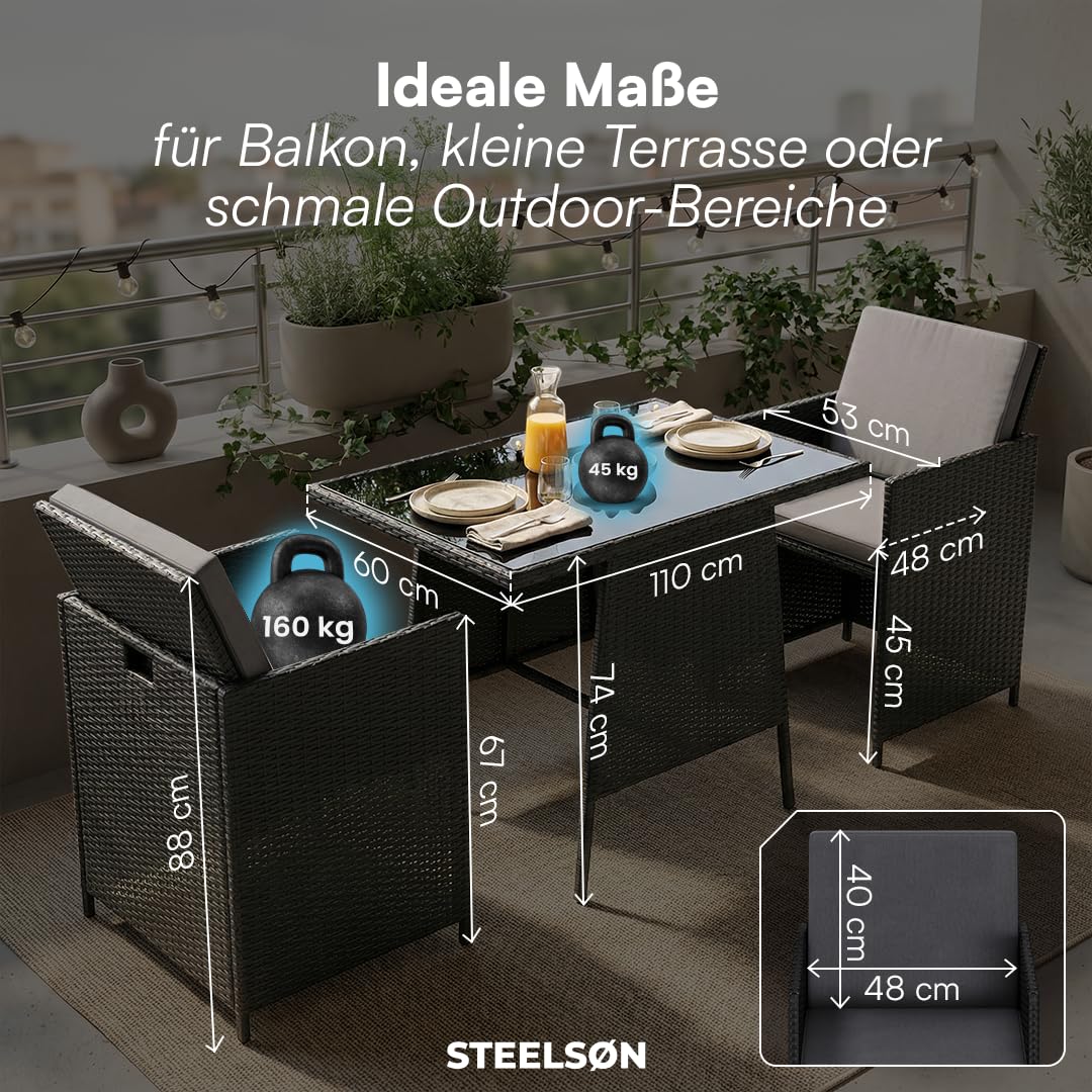STEELSØN Xenara Essgruppe 3-teilig Schwarz/Anthrazit – Balkonmöbel Set platzsparend – Outdoor Rattan Sitzgruppe – klappbare Stühle mit Sitzkissen – Tisch mit Glasplatte – Gartengarnitur für 2 Personen