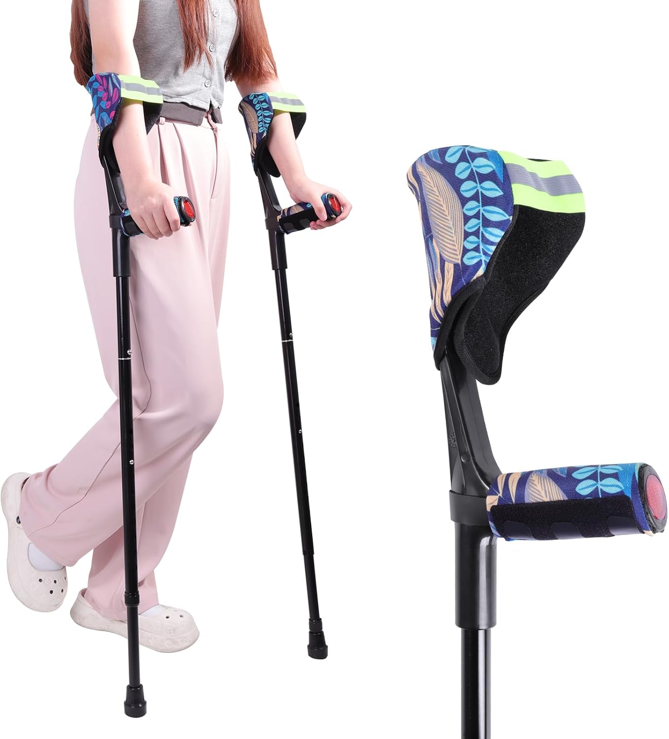 Forearm Crutches for Adults (1 Pair), Adjustable Arm Crutches, Crutch for Walking, Forearm Crutch Pads with Anti-Dorp Cuff, Elbow Cushion, Grip Cushion?Foliage?, for Broken Foot or Leg Injuries
