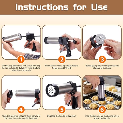 Miniatura 6 de Ideal Swan Prensa de galletas de acero inoxidable con 13 discos de galletas y 9 puntas de tuberías, cepillo de limpieza y bolsa de relleno de