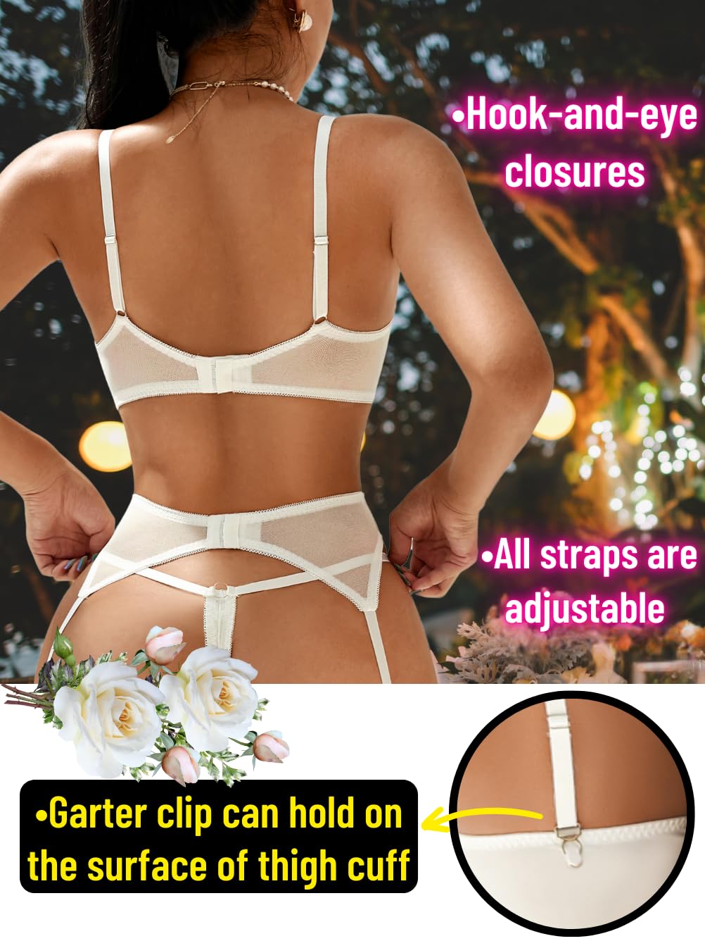 Kaei&Shi Floral Embroidered Garter Belt Set,Sheer Lingerie Sets for Women Sexy,Wedding Night Valentines Boudoir Outfits: White 8-10