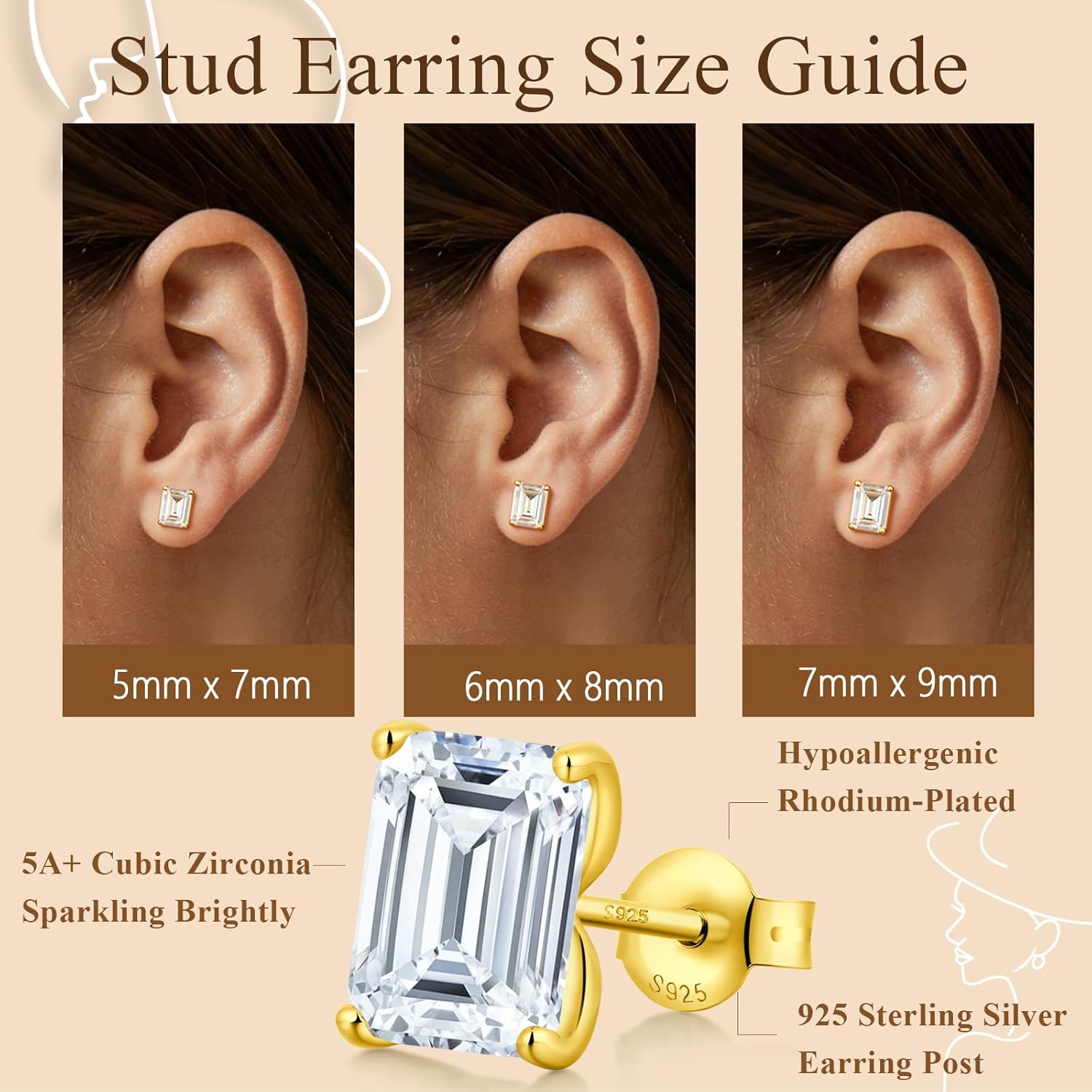 Brilliant Emerald-cut/Cushion-cut/Kite-cut/Rhombus-cut Stud Earrings, 925 Sterling Silver Cubic Zirconia CZ Earrings for Women Men Personalized Hypoallergenic Stud Jewelry Gift for Her & Him
