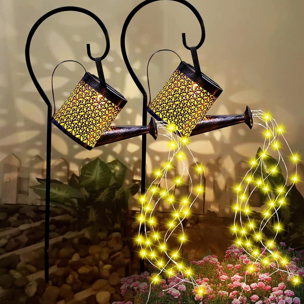 Fohil 2 Pack Solar Garden Lights, Solar Watering Can Lights Garden Decor | 36 Warm White LEDs Lights, 6-10 Hour Runtime, Automatic Switch, Retro Metal Hanging Lantern, Patio Lawn Yard Pathway Decor