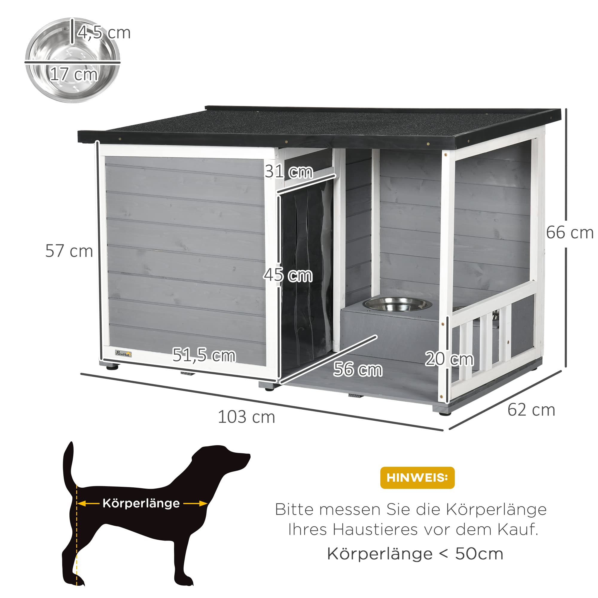 PawHut Hundehütte aus Holz, Hundehaus mit 2 Schüsseln, Terrasse, Outdoor Hundehaus Kleintierhaus für kleine Hunde mit Asphaltdach, für Draußen, Wetterbeständig, Grau, 103 x 62 x 60-66 cm