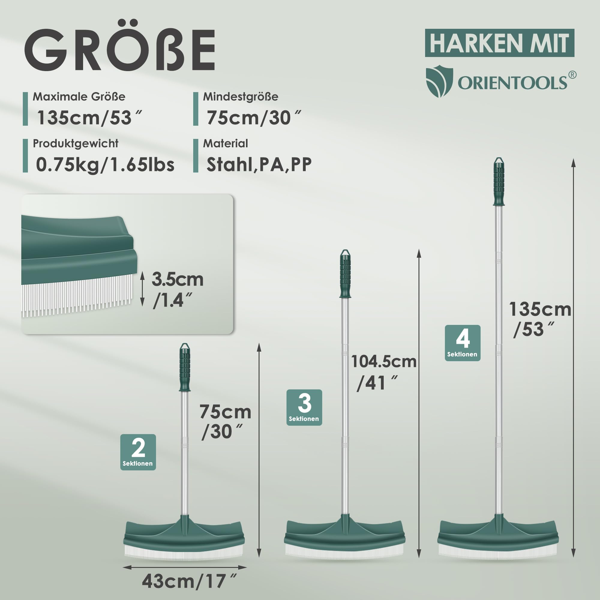 ORIENTOOLS Szczotka do sztucznej trawy, zakrzywiona szczotka do trawnika z regulowanym stalowym uchwytem, 80 do 134 cm, sztuczna grabia ze szczotką PA do trawników i zbierania liści.
