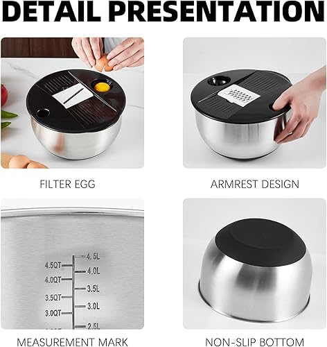 Miniatura 3 de Juego de 3 cuencos para mezclar con tapas, paquete de 3 tazones de acero inoxidable con tapas herméticas, parte inferior antideslizante para Negro