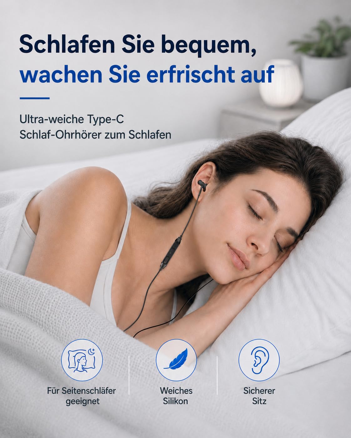 Hearprotek 2 Paar USB c-Schlaf-Ohrhörer, Kopfhörer mit Mikrofon-Silikon-Geräuschisolierung Typ c-Ohrhörer für Android-Telefone, ideal zum Schlafen, Entspannung, Schnarchen