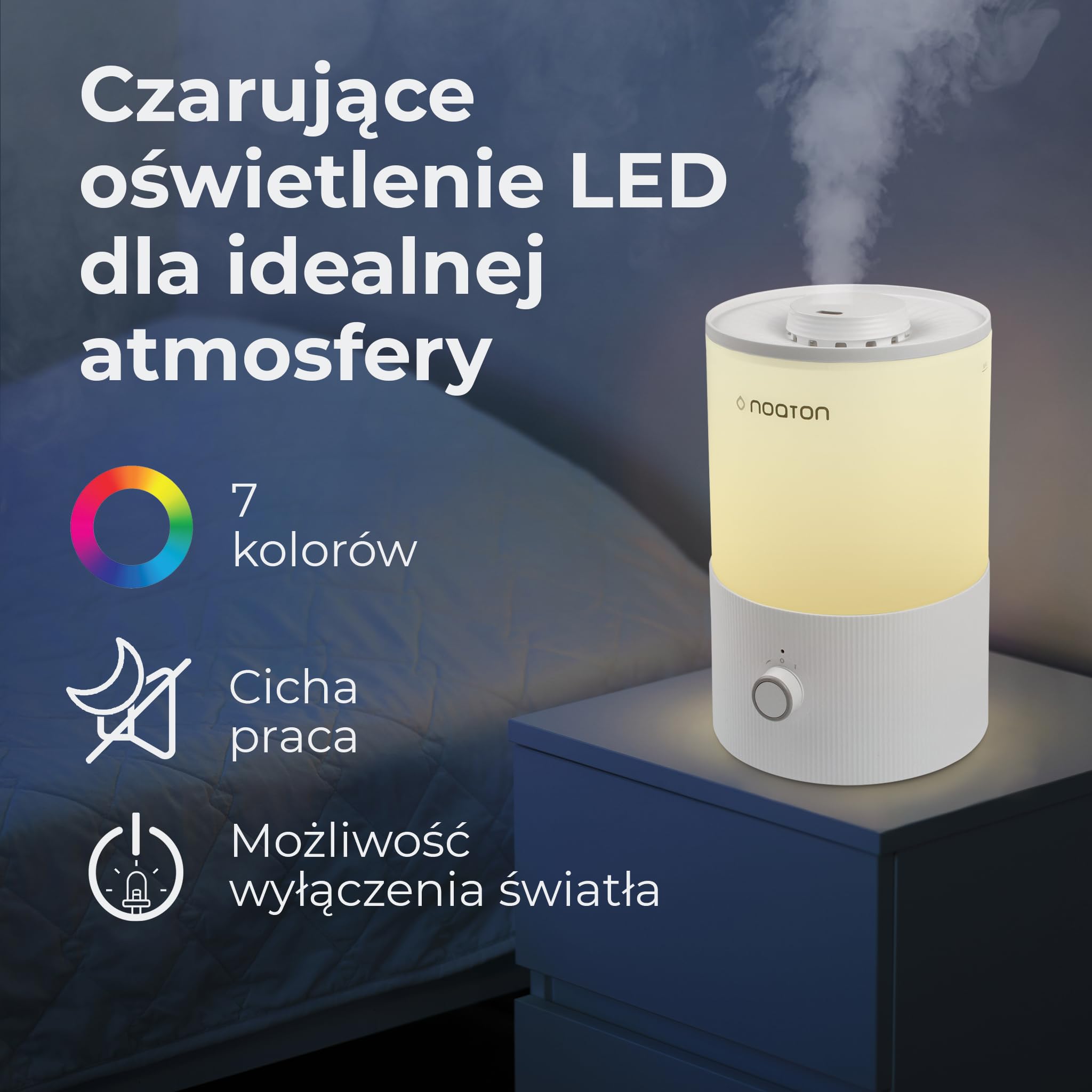 Noaton Essential Nawilżacz powietrza do sypialni 3,3L, dla dzieci i roślin, napełnianie od góry, czas pracy 33 godziny, oświetlenie LED, kontrola mgiełki, lampka nocna…