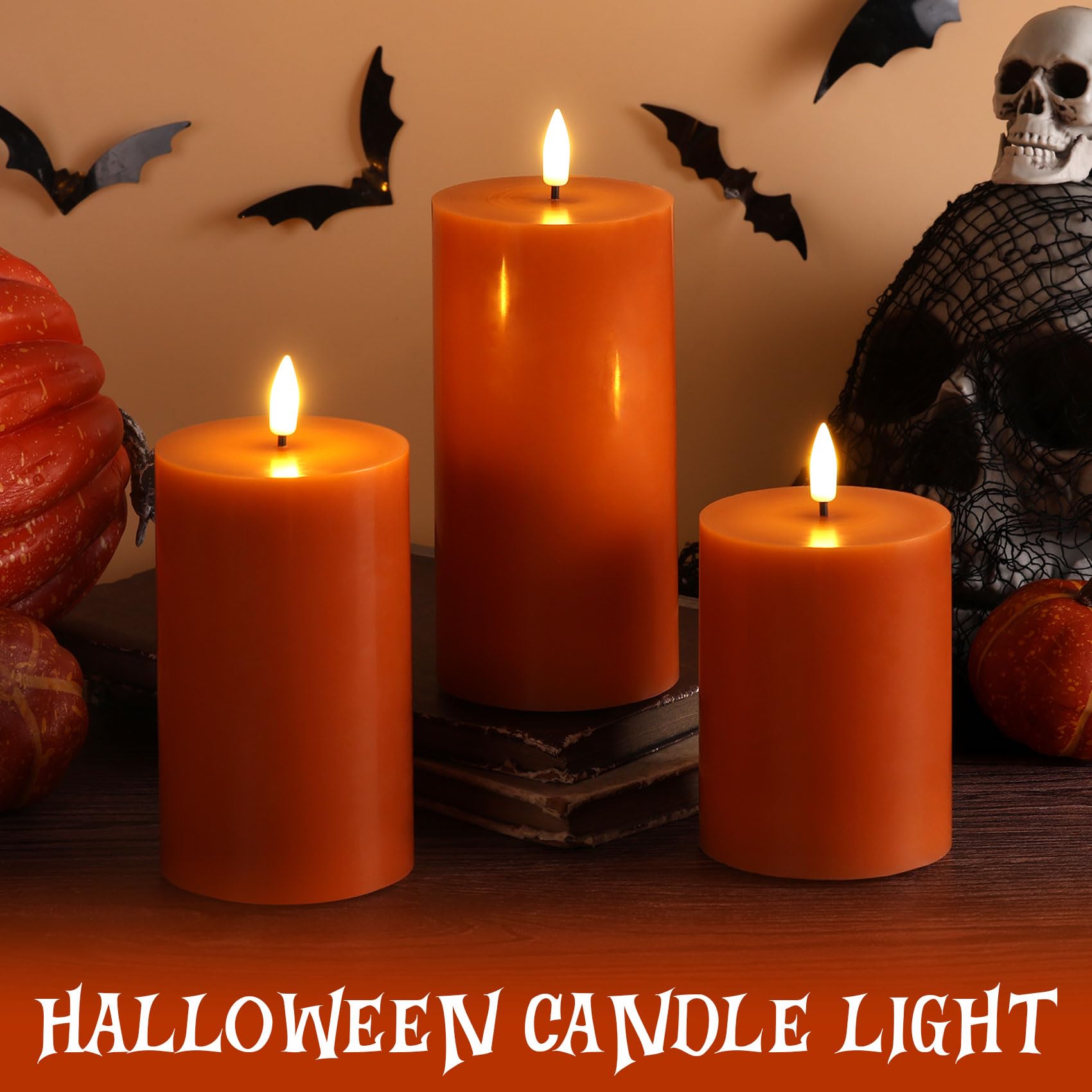 Candele a pilastro senza fiamma, in vera cera tremolante, funzionamento a batteria, set da 3 pezzi, colore: arancione bruciato